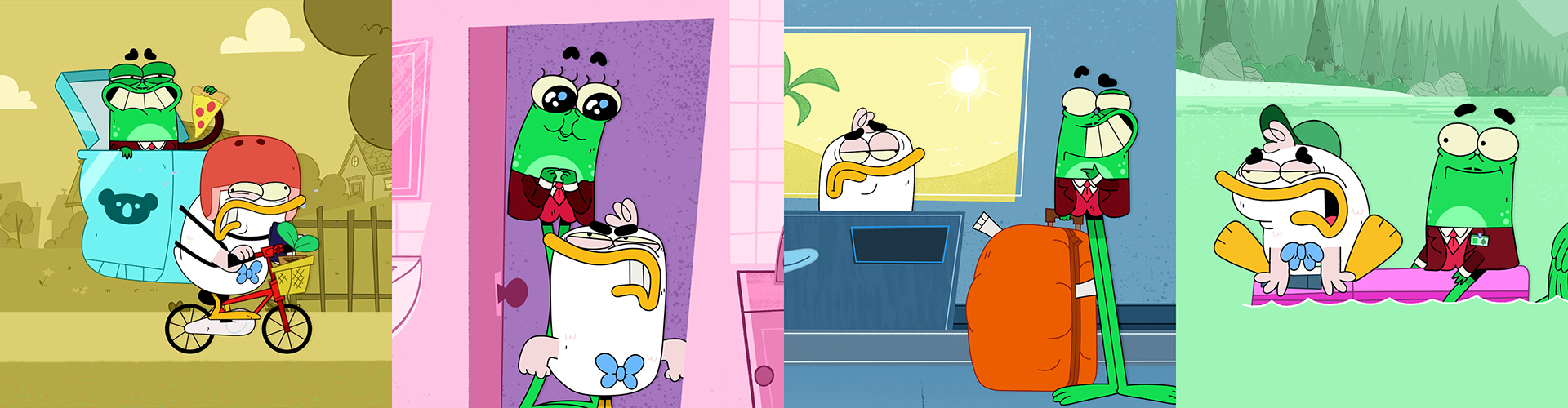 A grid of stills from 4 episodes of Duck and Frog.