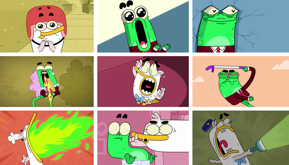 A grid of stills from various episodes of Duck & Frog emphasising character poses and expressions.